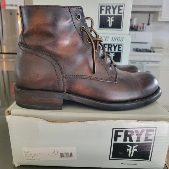 Frye Sutton Midlace Dark Brown Genuine Leather Boots Mens Size 11 - Picture 1 of 3